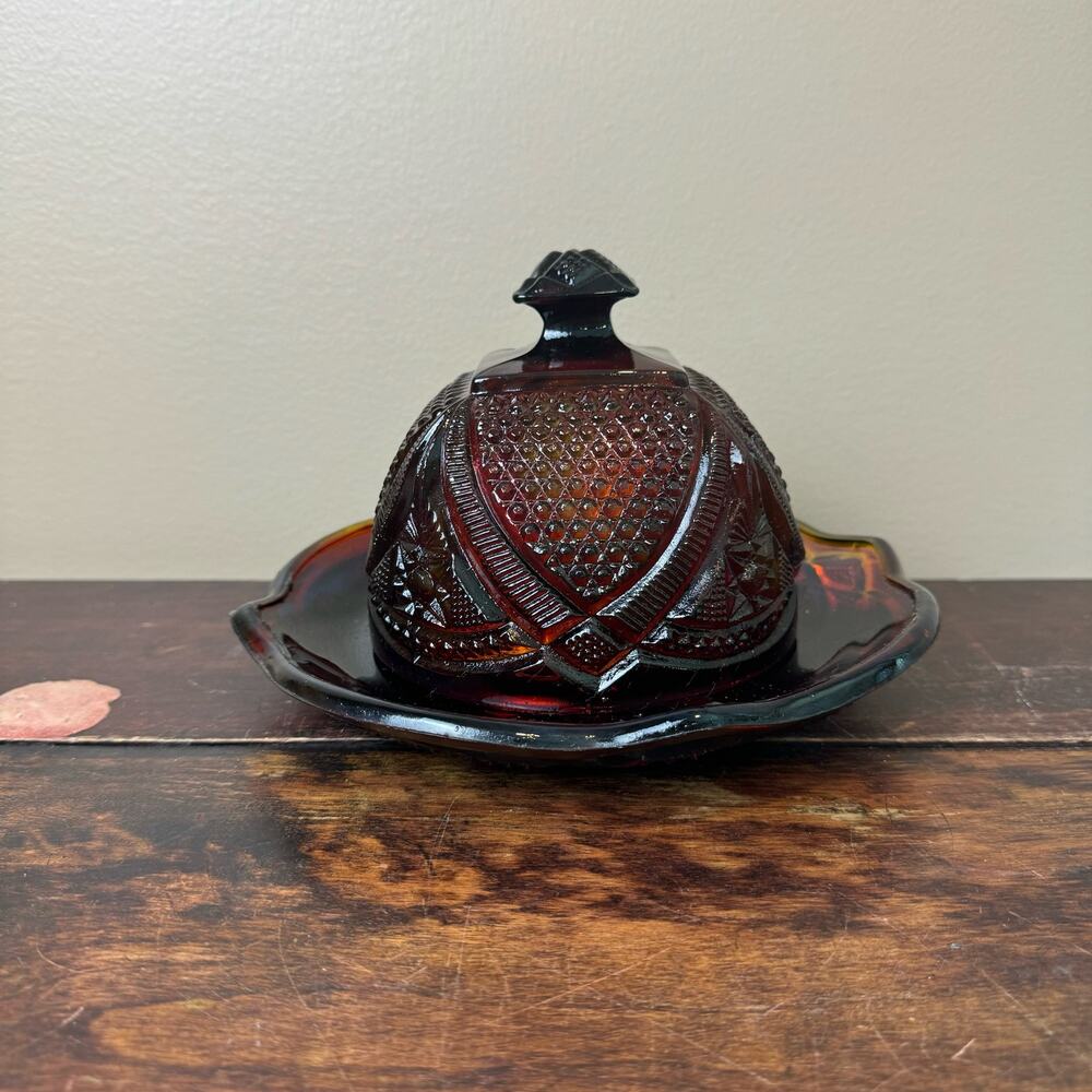 Vintage Depression Pressed Red Cadmium Glass Covered Butter Dish GLOWS